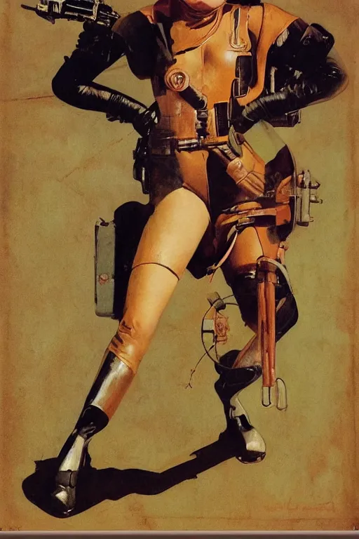 Image similar to 5 0 s pulp scifi fantasy illustration full body portrait slim mature woman in leather spacesuit, aiming shooting dynamic pose, by norman rockwell, roberto ferri, daniel gerhartz, edd cartier, jack kirby, howard v brown, ruan jia, tom lovell, frank r paul, jacob collins, dean cornwell, astounding stories, amazing, fantasy, other worlds