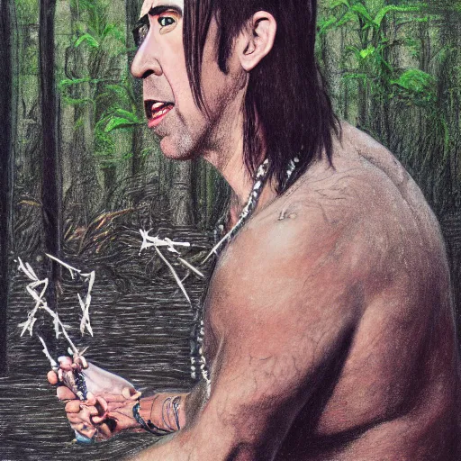 Image similar to a detailed gouche drawing of nicholas cage performing a voodoo magick ritual in the swamps of lousiana, award winning art, artstation, cinematic, magic realism