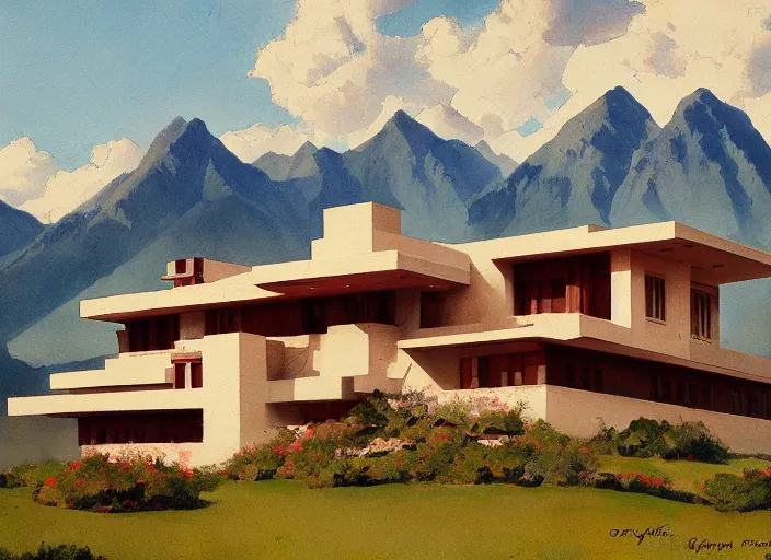 Image similar to painting of a frank lloyd wright house in front of beautiful mountains by greg rutkowski