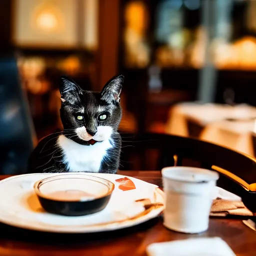 Image similar to A photo of a cat wearing a suit sitting in a fancy and expensive gourmet restaurant and eating a plate of cat food. f/2.8, dim lighting, award winning photo