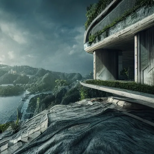 Prompt: futuristic houses in crazy locations, ultra realistic, intricate details, eerie, highly detailed, photorealistic, octane render, 8 k, vegetation, hills, water