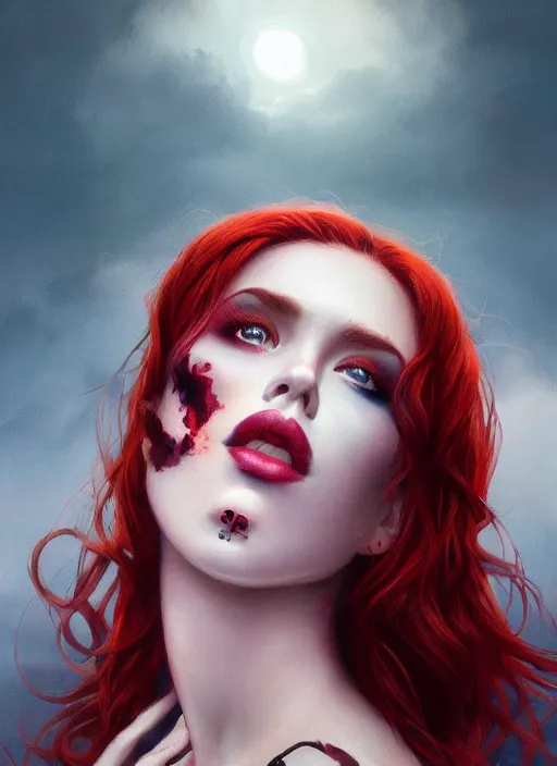 Prompt: girl with iridescent red hair, beautiful highly detailed face, complementary lighting, backlit, black eyeshadow, black lipstick, divine, dramatic lighting, landscape background, beautiful painting by artgerm and greg rutkowski and raymond swanland