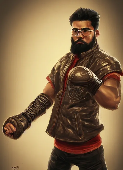 Image similar to a highly detailed illustration of bearded asian man wearing leather jacket with bandaged right hand, focused boxing philly shell stance pose, hands shielding face, intricate, elegant, highly detailed, centered, digital painting, artstation, concept art, smooth, sharp focus, league of legends concept art, WLOP