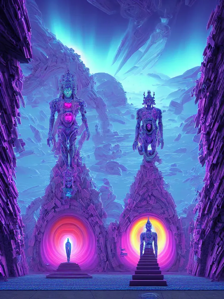 Image similar to entrance to ethereal realm, cybergod vishnu, rendered in unreal engine, central composition, symmetrical composition, dreamy colorful cyberpunk colors, 6 point perspective, fantasy landscape with anthropomorphic!!! terrain!!! in the styles of igor morski, jim warren and rob gonsalves, intricate, hyperrealistic, volumetric lighting, neon ambiance, distinct horizon