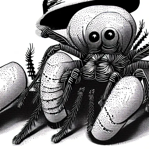 Image similar to book illustration of a tarantula with a machine gun mounted on its back. book illustration, monochromatic, white background, black and white image