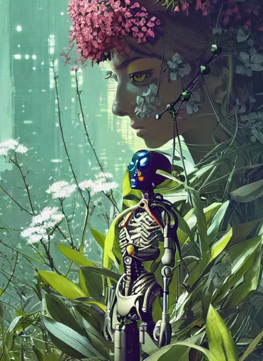 Image similar to a cyborg in some plants with flowers for a face by satoshi kon and greg rutkowski, 7 0's vintage sci - fi flat surreal design