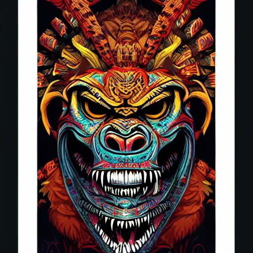 Image similar to barong family member, wiwek, mara demon, one single tribe member, jungle, one single mask, dark, ancient warrior, gorilla, lizard, tribal, inner glow, art by dan mumford and justin gerard and sachin teng