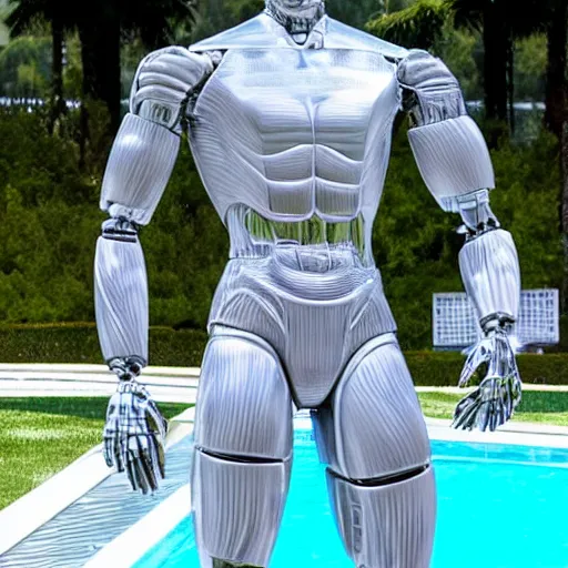 Prompt: a realistic detailed photo of a guy who is an attractive humanoid who is half robot and half humanoid, who is a male android, soccer player cristiano ronaldo, shiny skin, posing like a statue, blank stare, by the pool, on display, showing off his muscles, humanoid robot, frozen ice statue, made of ice