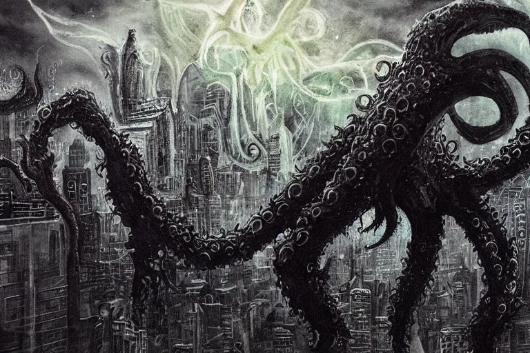 Prompt: man is seeing old god eldritch horror cthulhu terrifying the night sky of a modern city with tall buildings, he is coming from the ocean, epic scene, hyper detailed, gigantic cthulhu wallpaper, dark art, messy watercolor paint