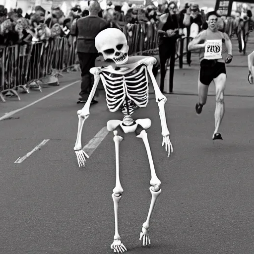 Image similar to A skeleton winning a marathon, award winning photograph