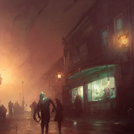 Image similar to innsmouth, painted by raymond swanland, painted by greg rutkowski, painted by jeremy mann, painted by artgerm, painted by igor kieryluk, painted by stanley lau, trending on artstation