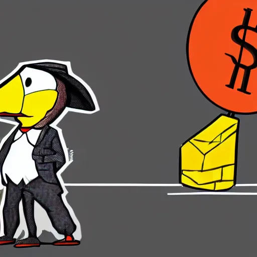 Prompt: digital art, a duck dressed in a jacket suit with a hat predicting a crash in the cryptocurrency markets