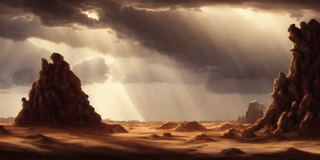 Image similar to a wide desertic matte painting landscape with ancient temple buried in the sun. big sand dunes. dramatic sky with storm clouds and sunrays by goya. eerie lighting. photorealistic. artstation. hd.