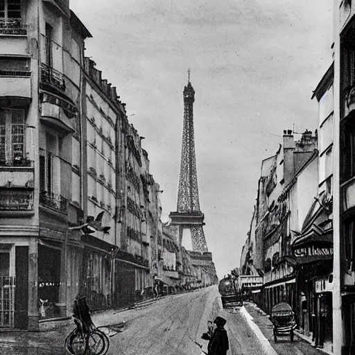 Prompt: a typical Parisian street of the future, in the foreground a man and a woman from behind, in the back at the bottom of the street a spaceship destroying buildings, war photo style, multiple details