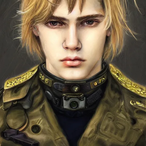 Image similar to portrait of a man by ayami kojima, polish, he is about 2 0 years old, blond hair with bangs, nervous but determined, he is wearing steampunk military fatigues, highly detailed portrait, digital painting, artstation, concept art, smooth, sharp foccus ilustration, artstation hq