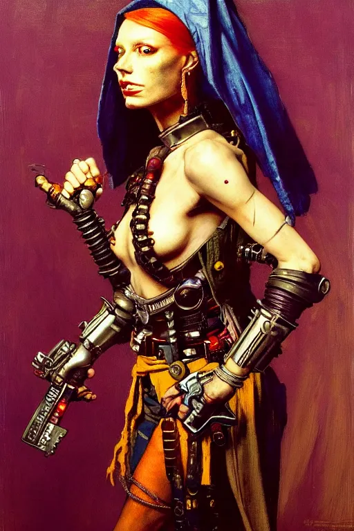 Image similar to full character portrait max mad cyberpunk warhammer 4 0 k, tech priest medic not the girl with the pearl earring character design, painting by gaston bussiere, katsuya terada, wyeth, greg rutkowski, craig mullins, ( ( ( ( ( vermeer ) ) ) ) ), frank frazetta, mucha, tom of finland, trending on artstation