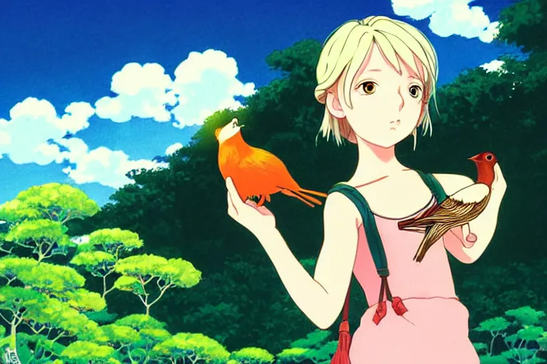 Image similar to young pretty girl holding a bird in her hands, looking touched, Fragile looking character portrait , beautiful scene; highly detailed art, by Studio Ghibli , High contrast, anime art