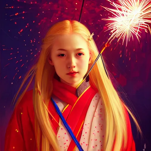 Image similar to colorful and festive captivating teenager girl with blonde hair, red japanese traditional clothes, shooting a firework with bow and arrow at the sky. rich vivid colors, ambient lighting, dynamic lighting, 4 k, atmospheric lighting, painted, intricate, highly detailed by charlie bowater