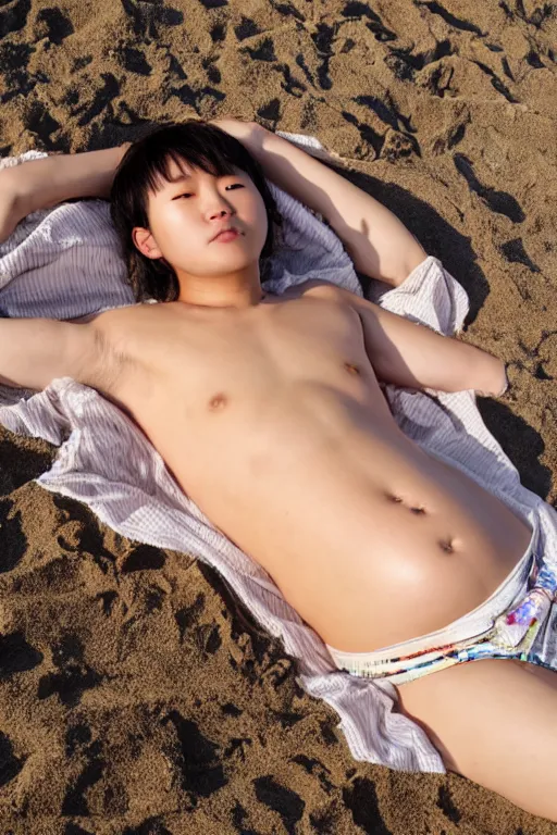 Prompt: Photo of a young pregnant Korean man at the beach sunbathing