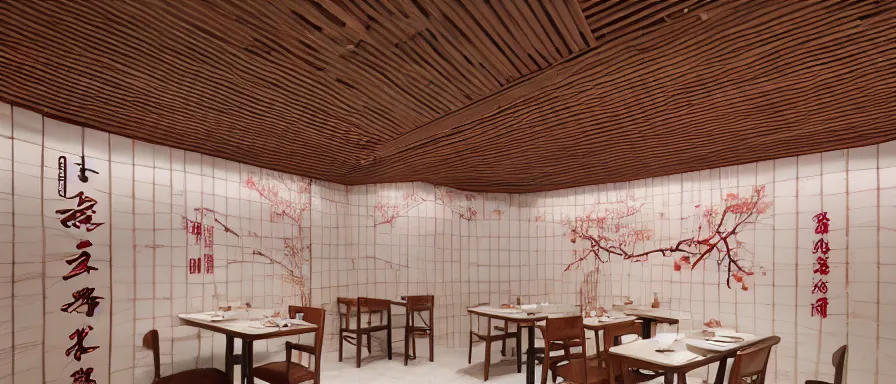 Image similar to a beautiful simple interior render of small roasted string hotpot restaurant restaurant yan'an, wall corner, from china, red paper wall and white tile floor, rectangle white porcelain table, fine simple delicate structure, chinese style, simple composition, simple style structure decoration design, victo ngai, 4 k hd