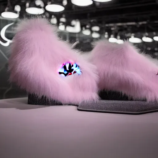 Image similar to nike shoe made of very fluffy pink faux fur placed on reflective surface, professional advertising, overhead lighting, heavy detail, realistic by nate vanhook, mark miner