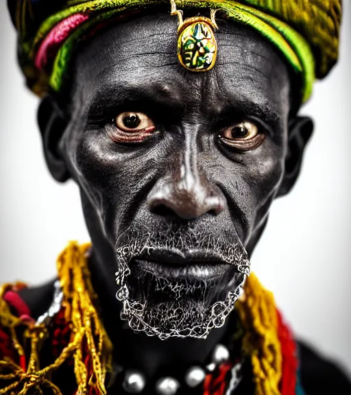Prompt: portrait of haitian voodoo priest, 3 0 yo with lots of necklaces, angry look, dark background, studio light, hdr, nikon 2 4 mm f / 1. 8 g, by sebastiao salgado