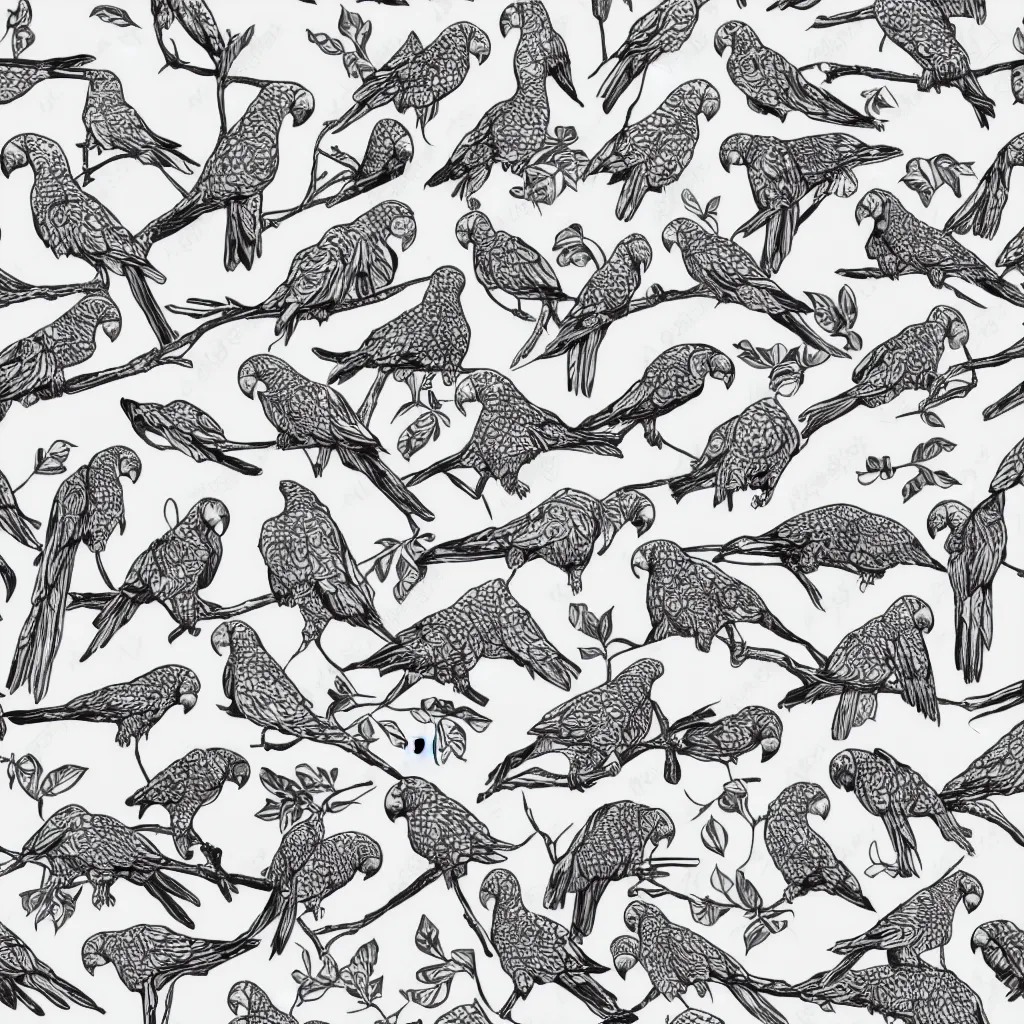 Image similar to seamless pattern of parrots. black and white, drawing, white background, seamless, ornament.