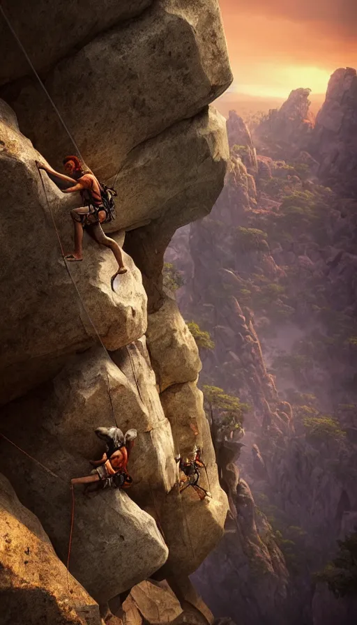 Prompt: rock climbers climbing a rock, an epic fantasy, dramatic lighting, cinematic, extremely high detail, photorealistic, cinematic lighting, matte painting, artstation, octane render by craig mullins, horizon forbidden west