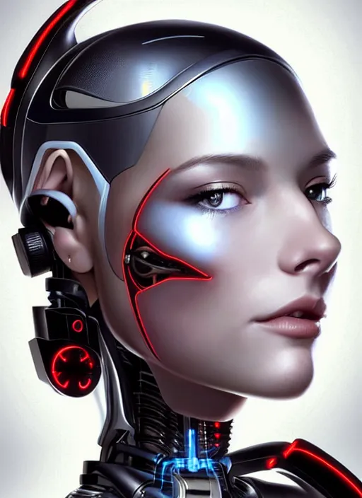 Image similar to portrait of a cyborg woman who turns her head to the ((((((right))))) left+50 (((((up))))) (((((down))))) by Artgerm,eyes closed , biomechanical, hyper detailled, trending on artstation