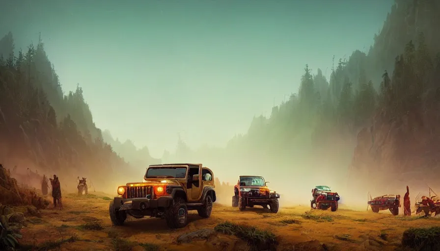 Image similar to Mahindra thar, tribe members watching nearby, an epic fantasy, dramatic lighting, cinematic, establishing shot, extremely high detail, photorealistic, cinematic lighting, artstation, by simon stalenhag, horizon forbidden west