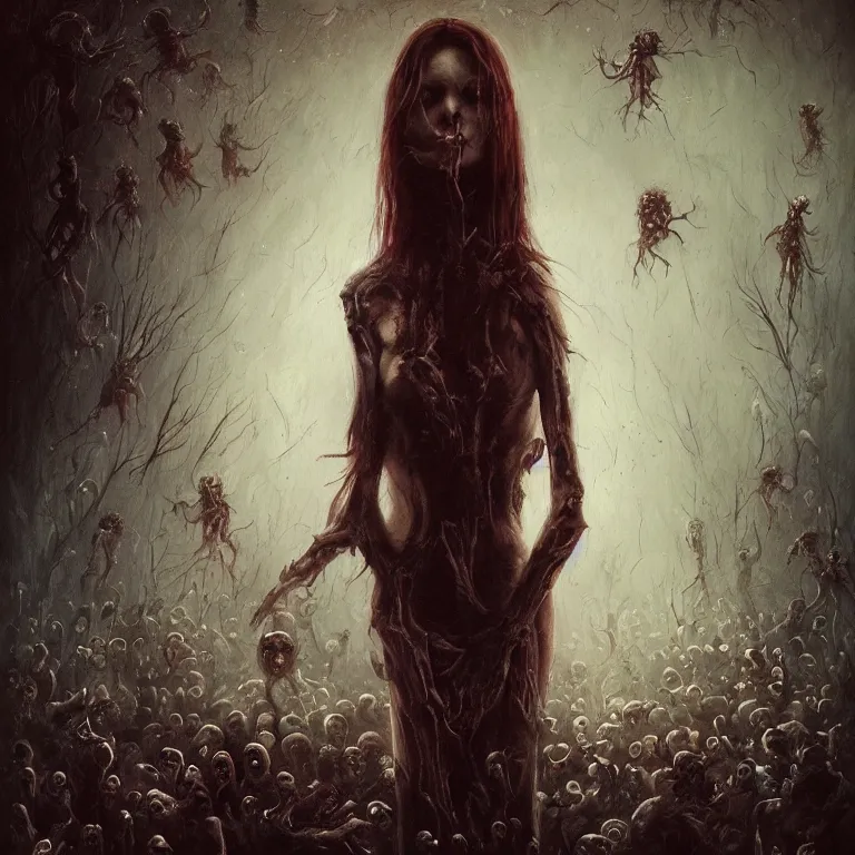 Prompt: a painting of a girl surrounded by zombies, an oil painting by seb mckinnon, featured on deviantart, gothic art, cosmic horror, flickering light, nightmare