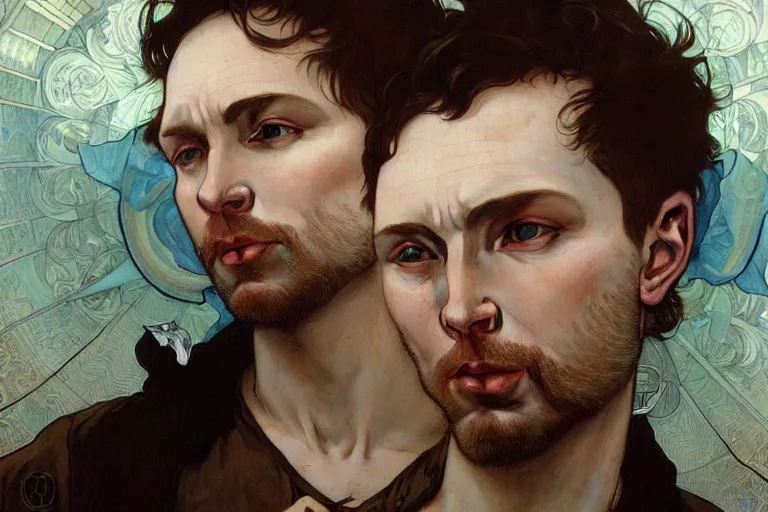 Image similar to hyper realistic portrait of thom thom thom thom singer songwriter, by lee bermejo, alphonse mucha and greg rutkowski
