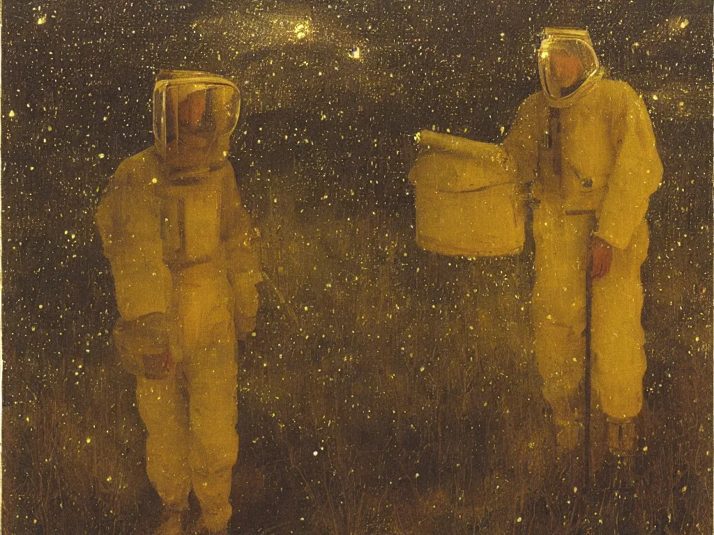 Image similar to painting by mikalojus konstantinas ciurlionis, bosch. portrait of a man in white beekeeping suit at night with fireflies