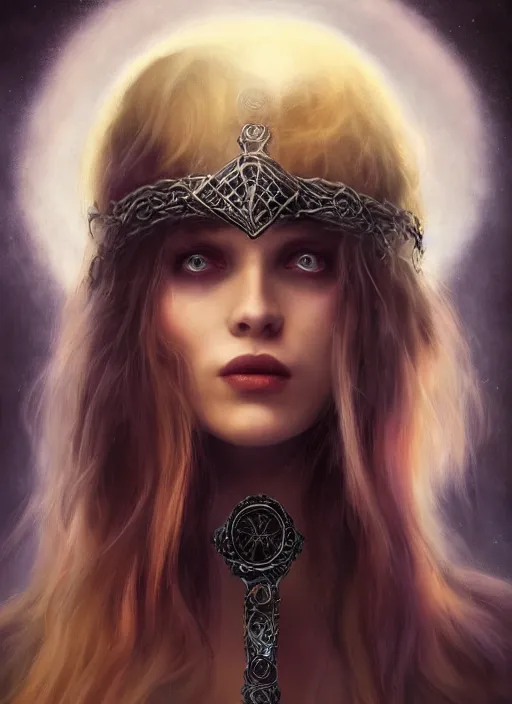 Prompt: tarot!!, pale, beautiful witch with long hair, fantasy medieval, jeweled choker, vivid colors, elegant, concept art, sharp focus, beautiful face!!, digital art, Hyper-realistic, 4K, Unreal Engine, Highly Detailed, Dramatic Lighting, Beautiful, by Brom, trending on Artstation, Tom Bagshaw, Sargent