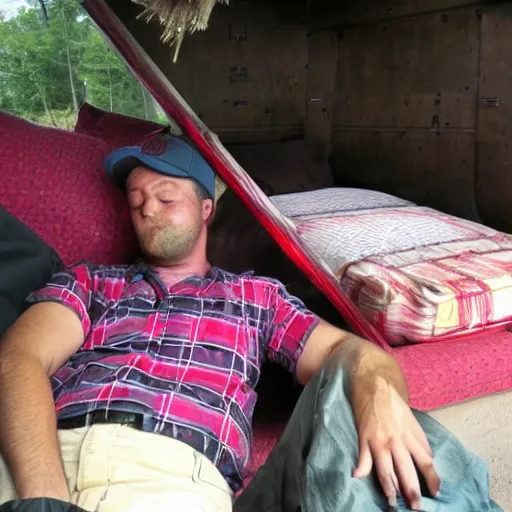 Prompt: sleeping in the back of the watermelon truck