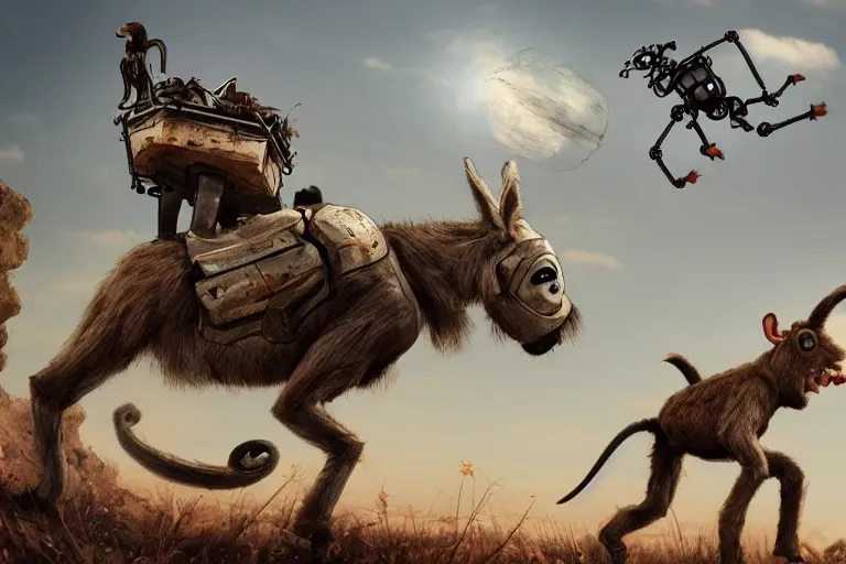 Image similar to a robot monkey riding a donkey in a post apocalyptic world being chased by giant ants