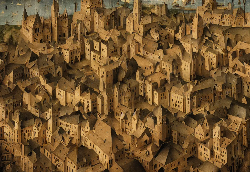 Prompt: accidentally wes anderson award - winning photograph of a medieval city, art by hieronymus bosch, art by greg rutkowsky, trending on artstation, cinematic lighting, filmic grain, golden hour, detailed, 4 k