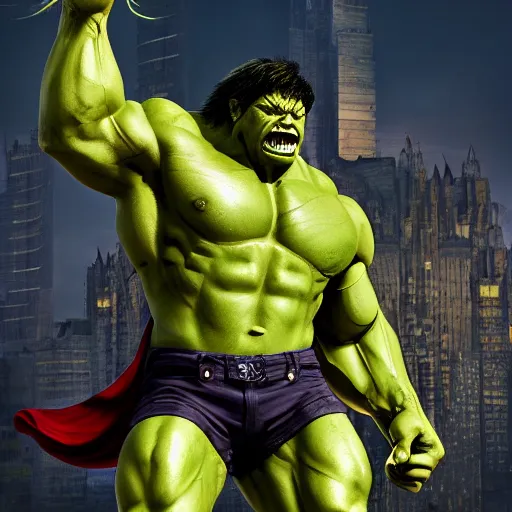 Prompt: detailed digital art character model of the incredible hulk thor chimera, ultra - realistic, detailed lighting and textures, action pose, intricate, studio quality, 8 k
