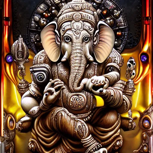 Image similar to biomechanical robot Ganesha , hyper-realistic futuristic portrait, intricate details, hyperdetailed fantasy character, supersharp, hypermaximalist, dramatic lighting, hajime sorayama, brom, Indian god, Ganesha, ganapati, vinayak, futuristic portrait of photorealistic Cyborg Ganesha