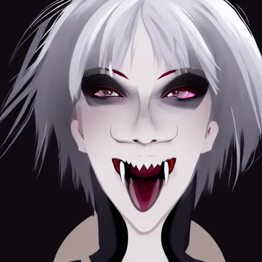 Image similar to Young woman, white hair, black eyes, sharp teeth, pointy ears, pale skin