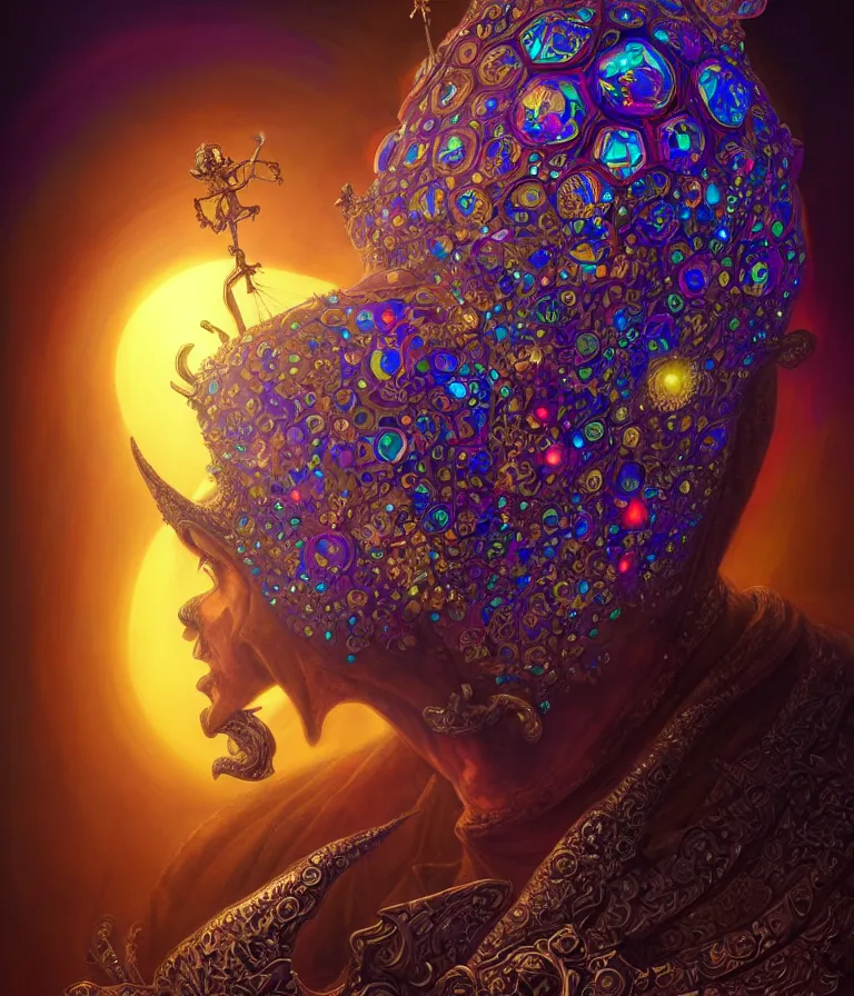 Image similar to front shot of a court jester character, hyperdimensional, bioluminescent hypercubes, dark holography!!!, sunset psychedelic, chrome, (((intricate))), elegant, highly detailed, centered, (((artstation, concept art, smooth, sharp focus, artgerm, Tomasz Alen Kopera, Peter Mohrbacher, donato giancola, Joseph Christian Leyendecker, WLOP, Boris Vallejo))), mugshot!!!!!, ugly!!!!!!, octane render, nvidia raytracing demo, octane render, nvidia raytracing demo, octane render, nvidia raytracing demo, grainy, muted, 8K, digitalblasphemy, metatron