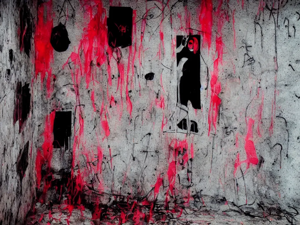 Prompt: ghost wraith apparition caught on camera, graffiti in an abandoned bunker, cute fumo plush gothic black enigmatic maiden girl painted in spilt red ink and washed watercolor, minimalist avant garde pop art, filmic, vignette, captured on canon eos r 6