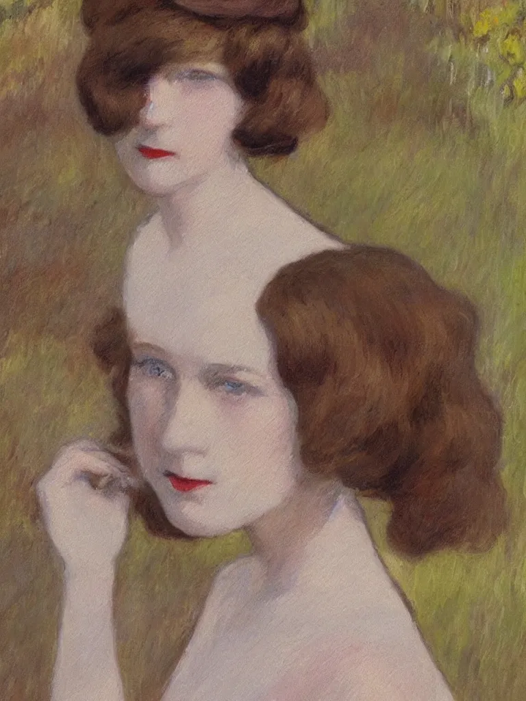 Image similar to portrait of < zelda fitzgerald > as a beautiful young lady wearing 1 9 2 0 s fashion, blurry face, brown hair, slim, fair, severe out of focus, depth of field, pleinairism, in the sun, backlit, closeup, oil on canvas, atr by monet, in the style of le promenade, smooth, impressionnisme, 8 k