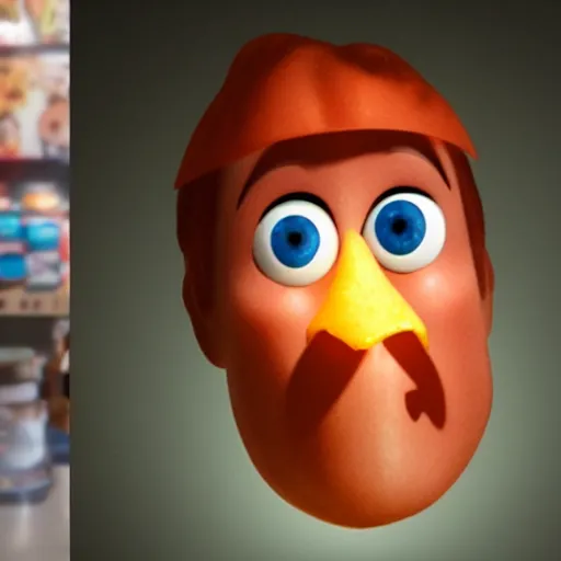 Image similar to photo of [ a single salted french fry chip ] shaped like that looks like stephen fry as a pixar character hybrid intercross mix cinematic lighting