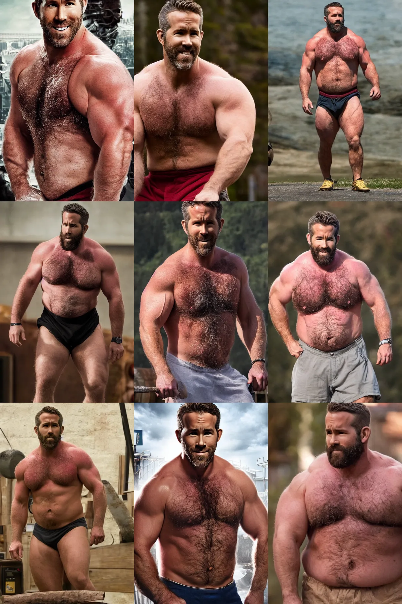 Prompt: ryan reynolds as a burly padded chubby strongman, masculine, dad energy, hairy torso, 4 k hd