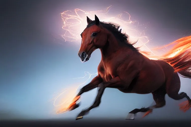 Image similar to a stunning digital painting of a horse as a speedster running in the speedforce by greg rutkowski, volumetric light, digital art, fine detail, photorealistic
