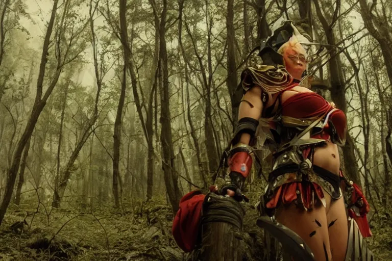 Image similar to vfx movie scene closeup nomad cyborg warrior viking geisha in a smoldering forest. by emmanuel lubezki