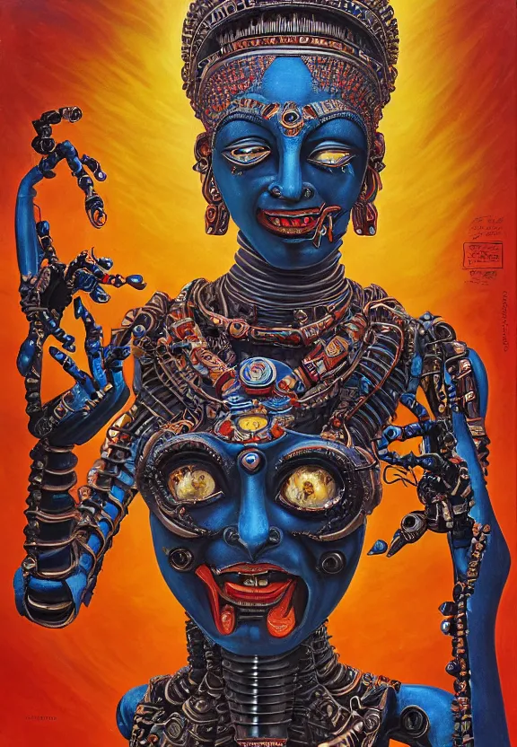 Image similar to biomechanical alien robot goddess kali, female, intense stare, sarcastic smile, symmetrical, concept art, intricate detail, volumetric shadows and lighting, realistic oil painting, 1 9 7 0 psychedelic soviet poster,