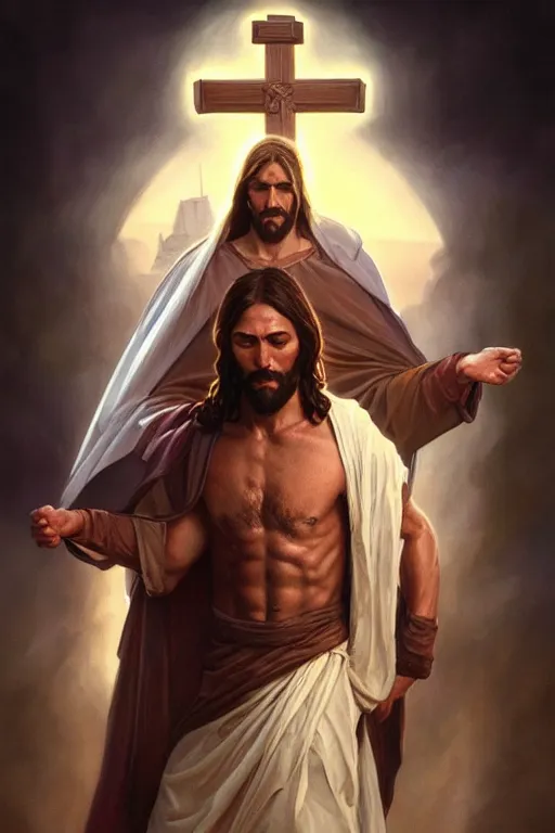 Image similar to jesus christ as an action hero, realistic portrait, symmetrical, highly detailed, digital painting, artstation, concept art, smooth, sharp focus, illustration, cinematic lighting, art by artgerm and greg rutkowski and alphonse mucha