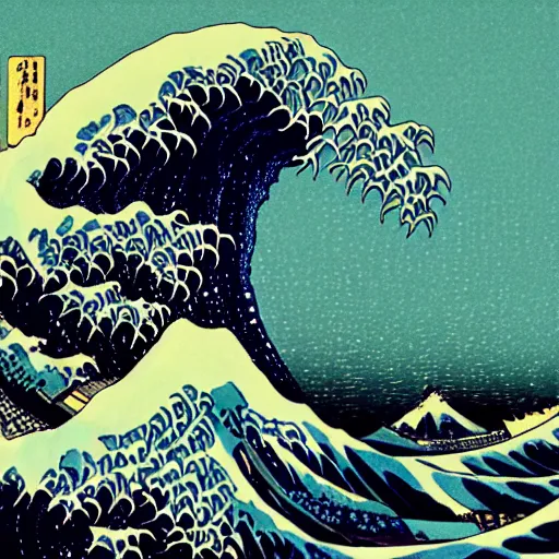 Prompt: digital waves woodblock print by the Japanese ukiyo-e artist Hokusai, matrix, binary, cyberpunk, synthwave